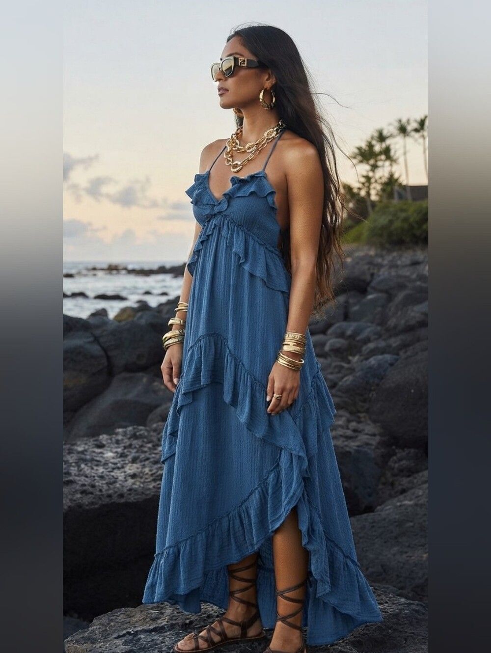 Blue Bohemian Tie-Back Maxi Dress Blue Size S M L XL